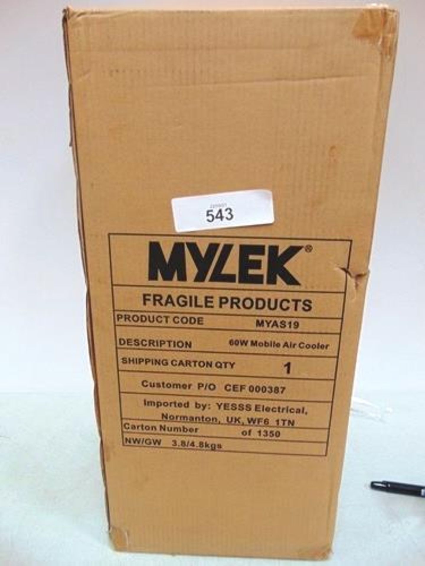 1 x Mylek 60W mobile air cooler, model MYAS19 - Sealed new in box (ES7)