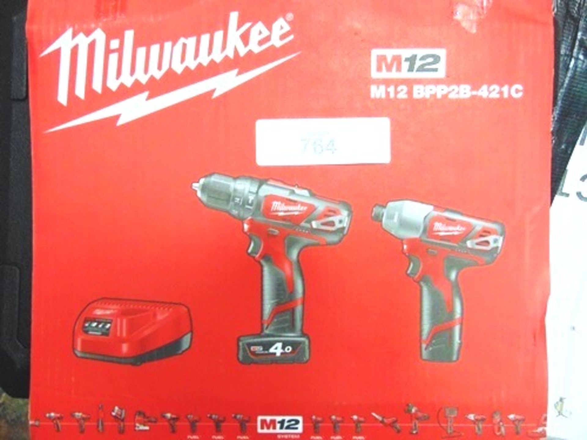 1 x Milwaukee 12V drill, powers on and motor ok and 1 x damaged 12V impact drill, Ref BPP2B-421C (