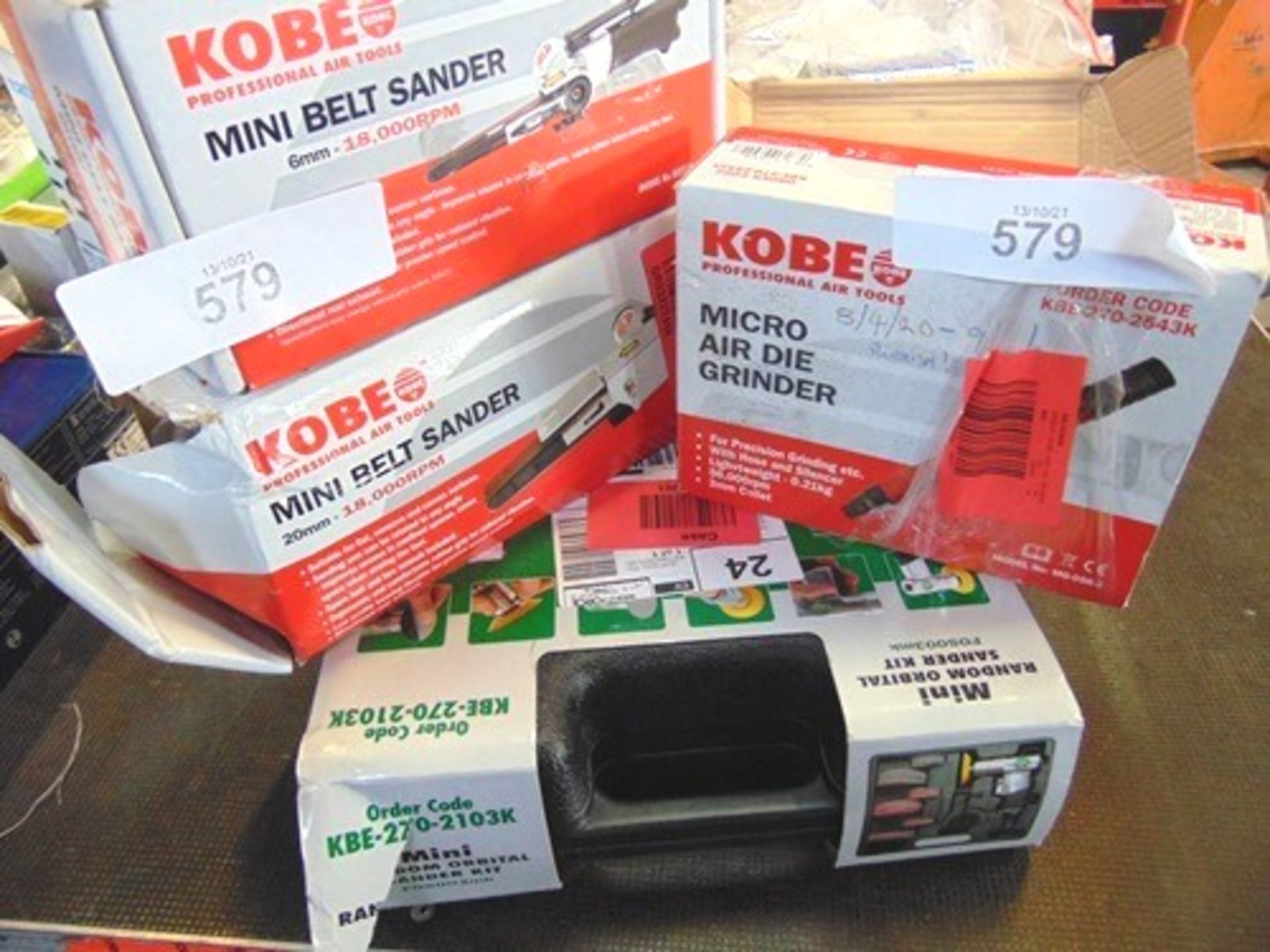 A selection of air tool sanders including 1 x Kobe mini belt sander 20mm KBE-270-4200K, 1 x Kobe