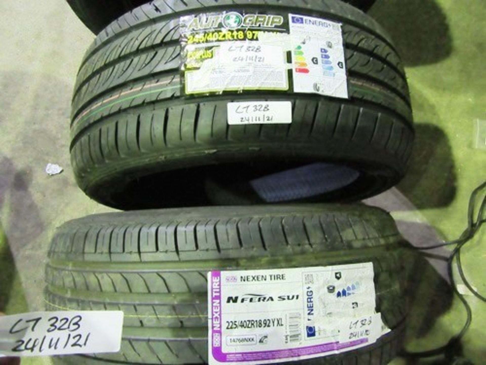 1 x Nexen N Fera SU1 tyre, size 225/40ZR18 92Y XL and 1 x Autogrip P308 Plus tyre, size 245/40ZR18