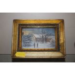A miniature oil on board depicting a winter rural