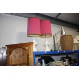 Two white painted table lamps and shades