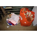 A bag containing various Teddy bears; and a basket