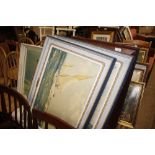 Four framed prints depicting boats at sea; and an