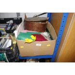 A box containing various materials; a Scandinavian wooden sewing box etc.