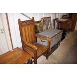 A large oak carver chair having brass plaque "For