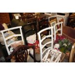 Six painted ladderback dining chairs (four white a