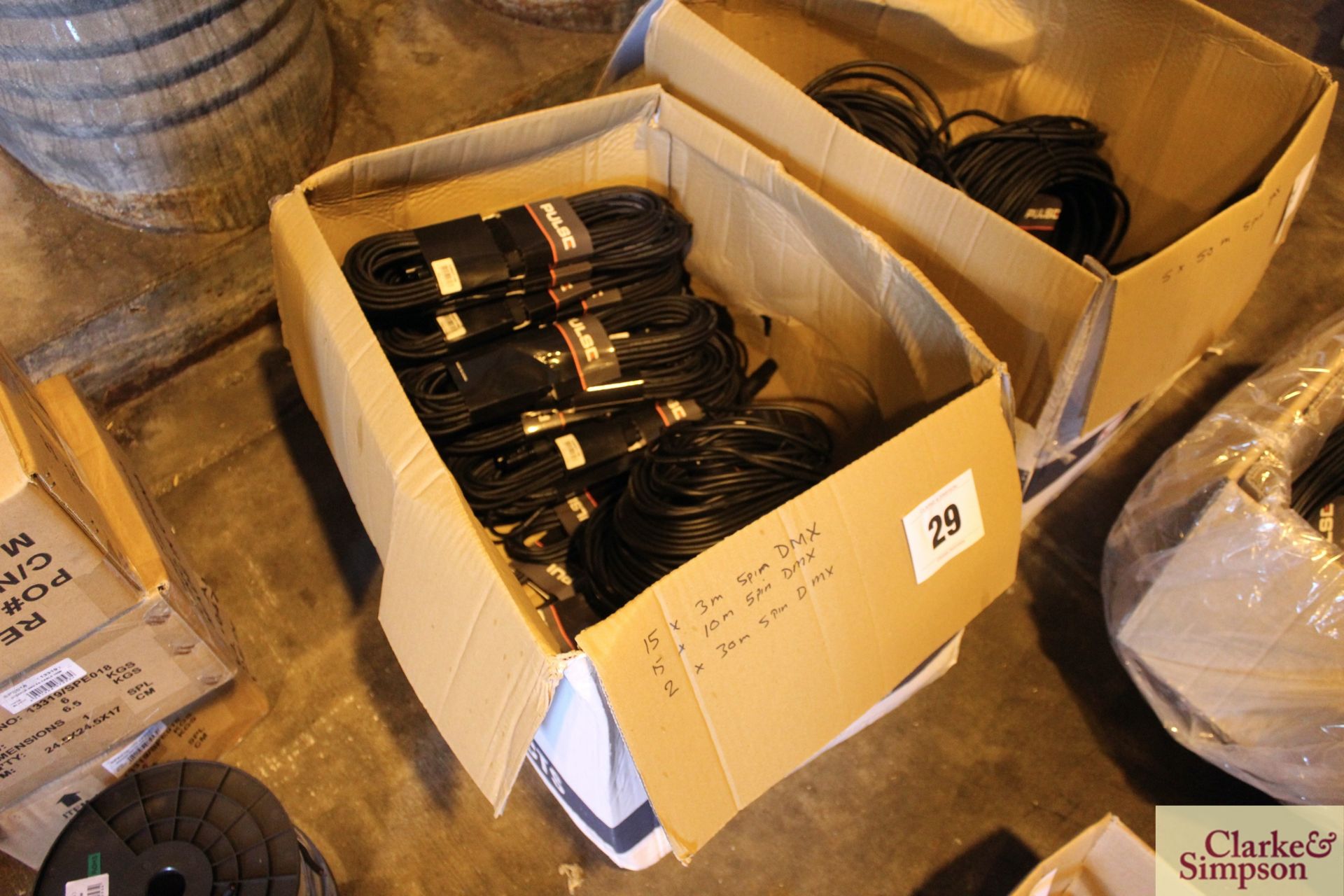 A quantity of 5-pin DMX cabling. Comprising c.15x 3m, c.15x 10m, and 2x 30m.