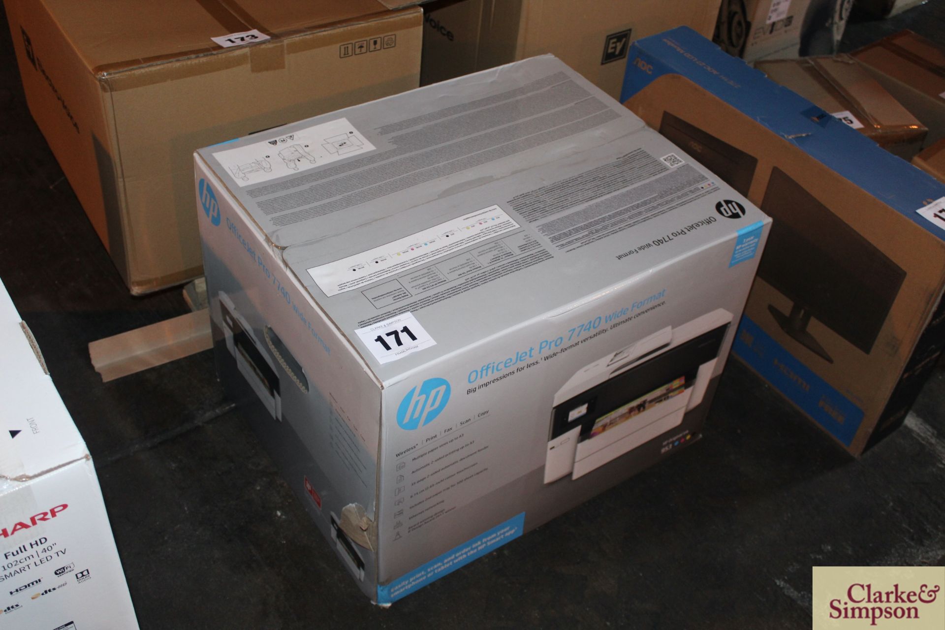 Boxed HP OfficeJet Pro 7740 wide format A3 printer.