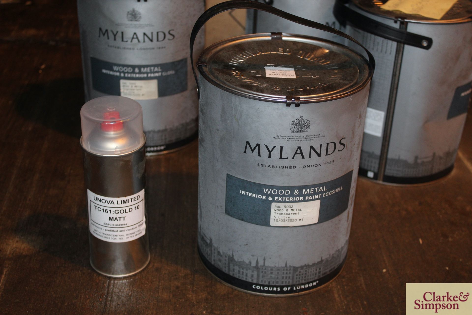 Quantity of Mylands wood and metal paint in container blue; and a quantity of gold paint in spray - Image 2 of 3