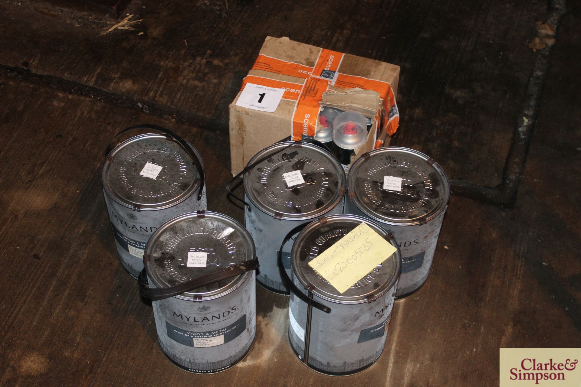 Quantity of Mylands wood and metal paint in container blue; and a quantity of gold paint in spray