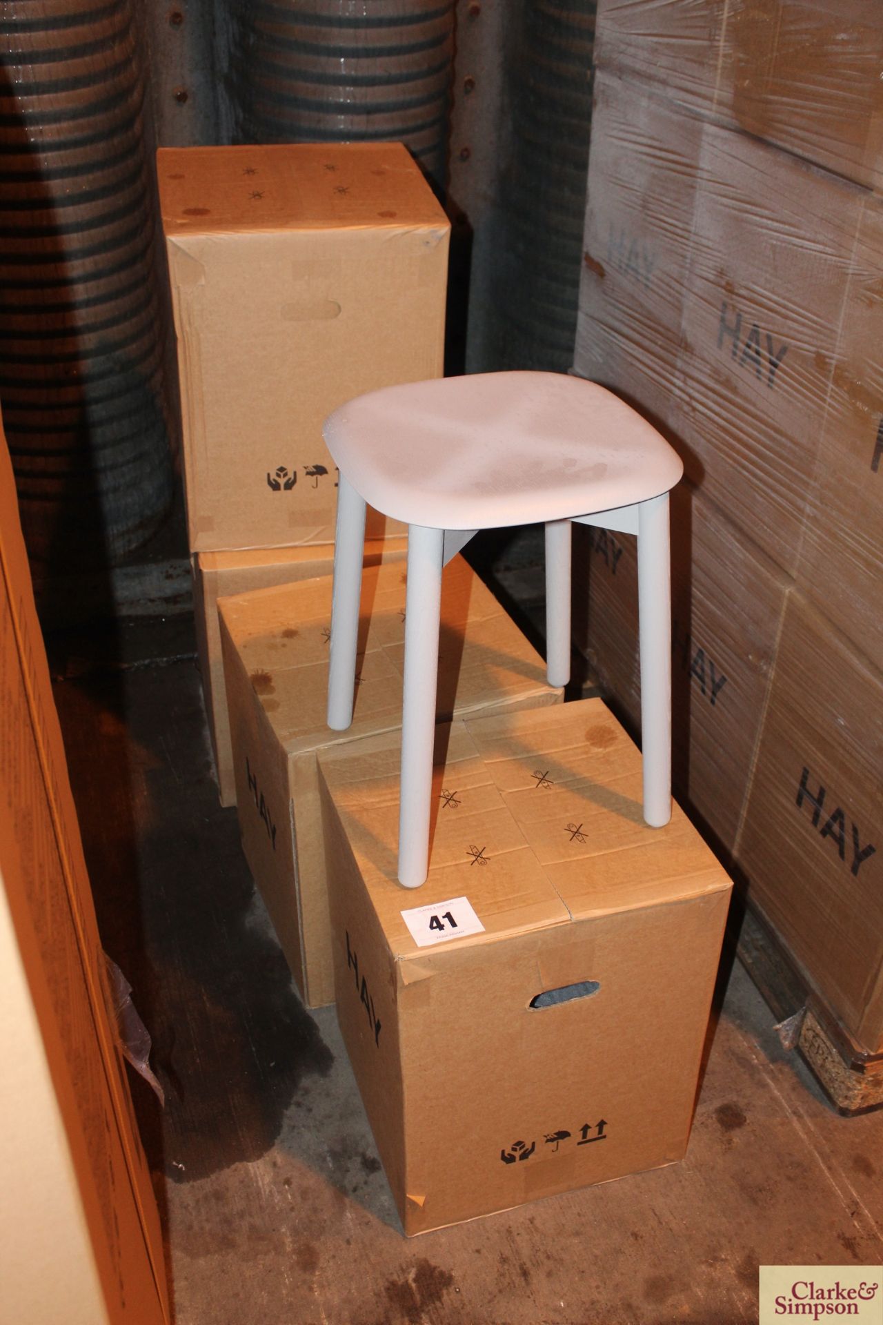 4x Boxed Hay Soft Edge 72 solid oak stool in soft grey.