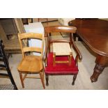 A 19th Century mahogany bar back elbow chair; a bar back kitchen chair and a string seated stool