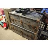 Two vintage metal bound trunks