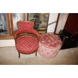 A pink upholstered ottoman; and a red upholstered Edwardian tub chair