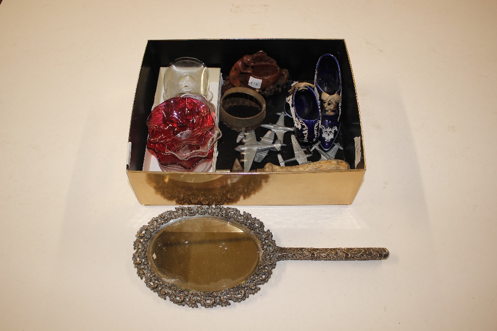 A plated hand mirror; ceramic shoes etc.