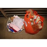 A bag containing various Teddy bears; and a basket containing a doll and doll's clothing etc.