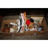 Two boxes of miscellaneous ornaments, board games,