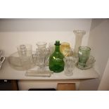 Various glass vases; a large glass fruit bowl; gre