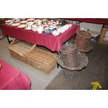 A wicker picnic hamper; a set of cast iron and ena