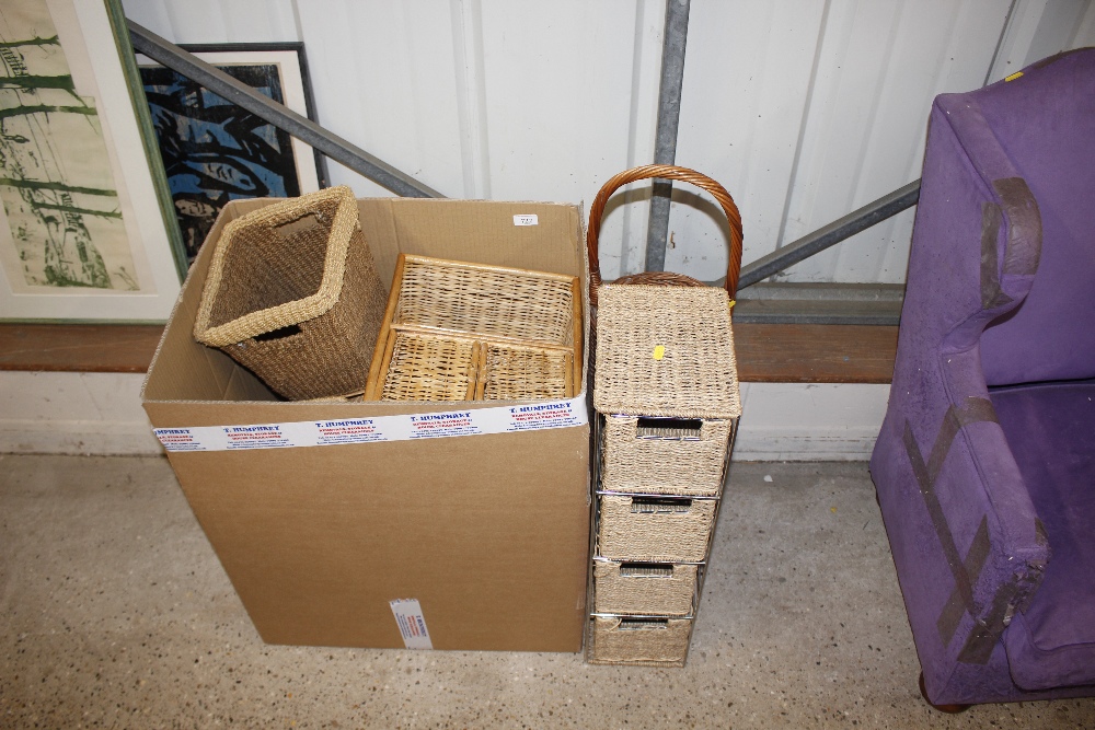 A quantity of various wicker baskets, string tidy
