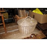 A wicker lidded basket; a small wicker hamper and