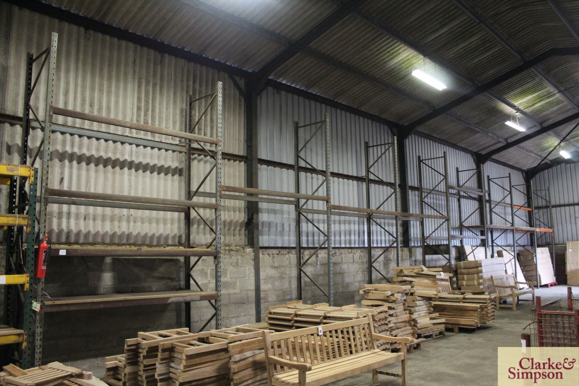 c.22m of pallet racking. Comprising 9x uprights and 20x shelves (some with chipboard). To be sold in