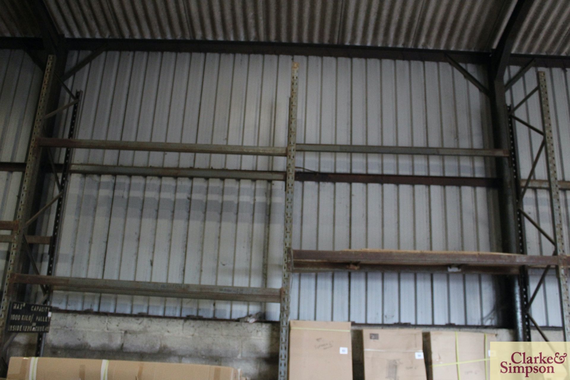 c.22m of pallet racking. Comprising 9x uprights and 20x shelves (some with chipboard). To be sold in - Image 6 of 13