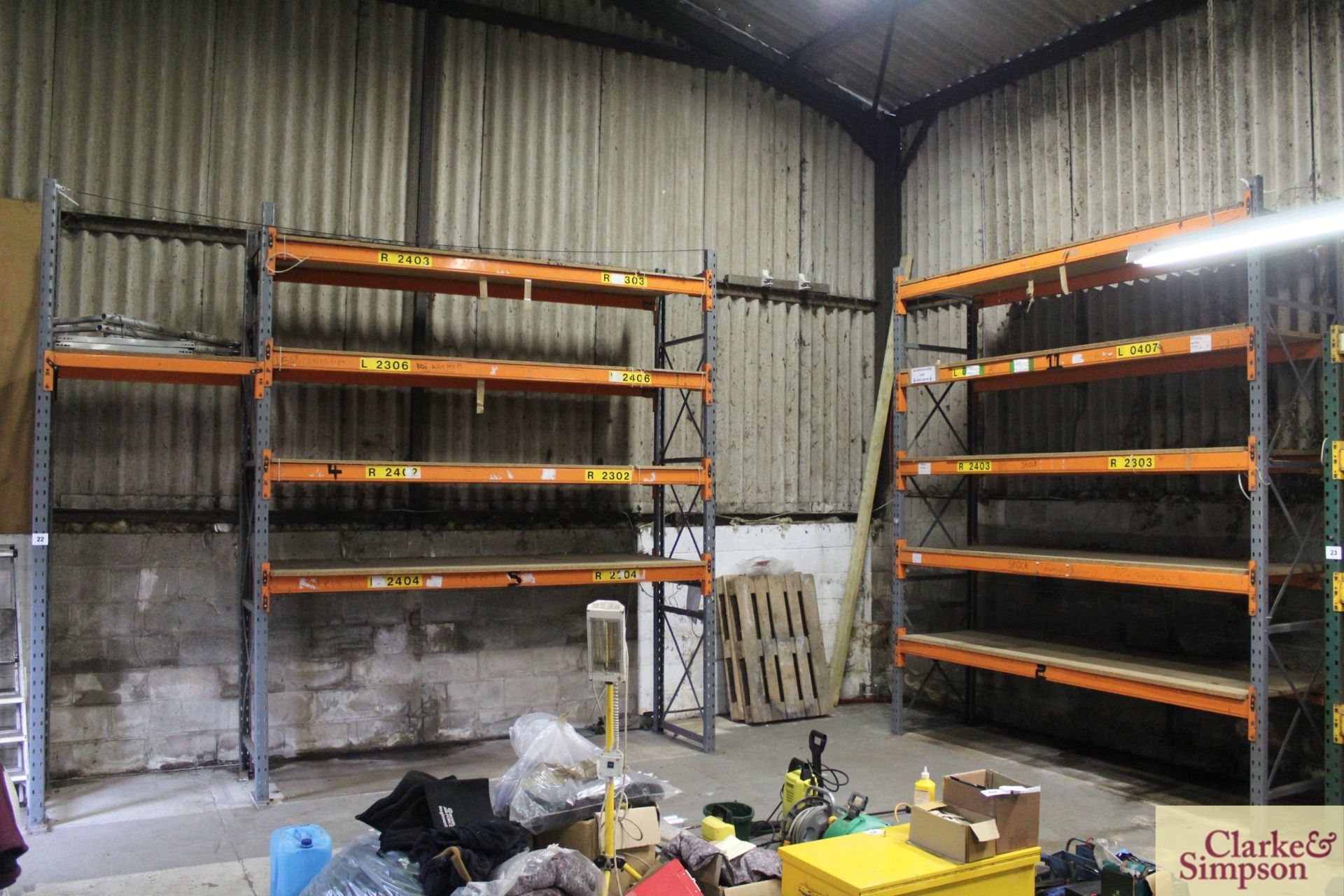 Quantity of pallet racking. Comprising 5x uprights, 9x 3.2m shelves (some with chipboard). To be