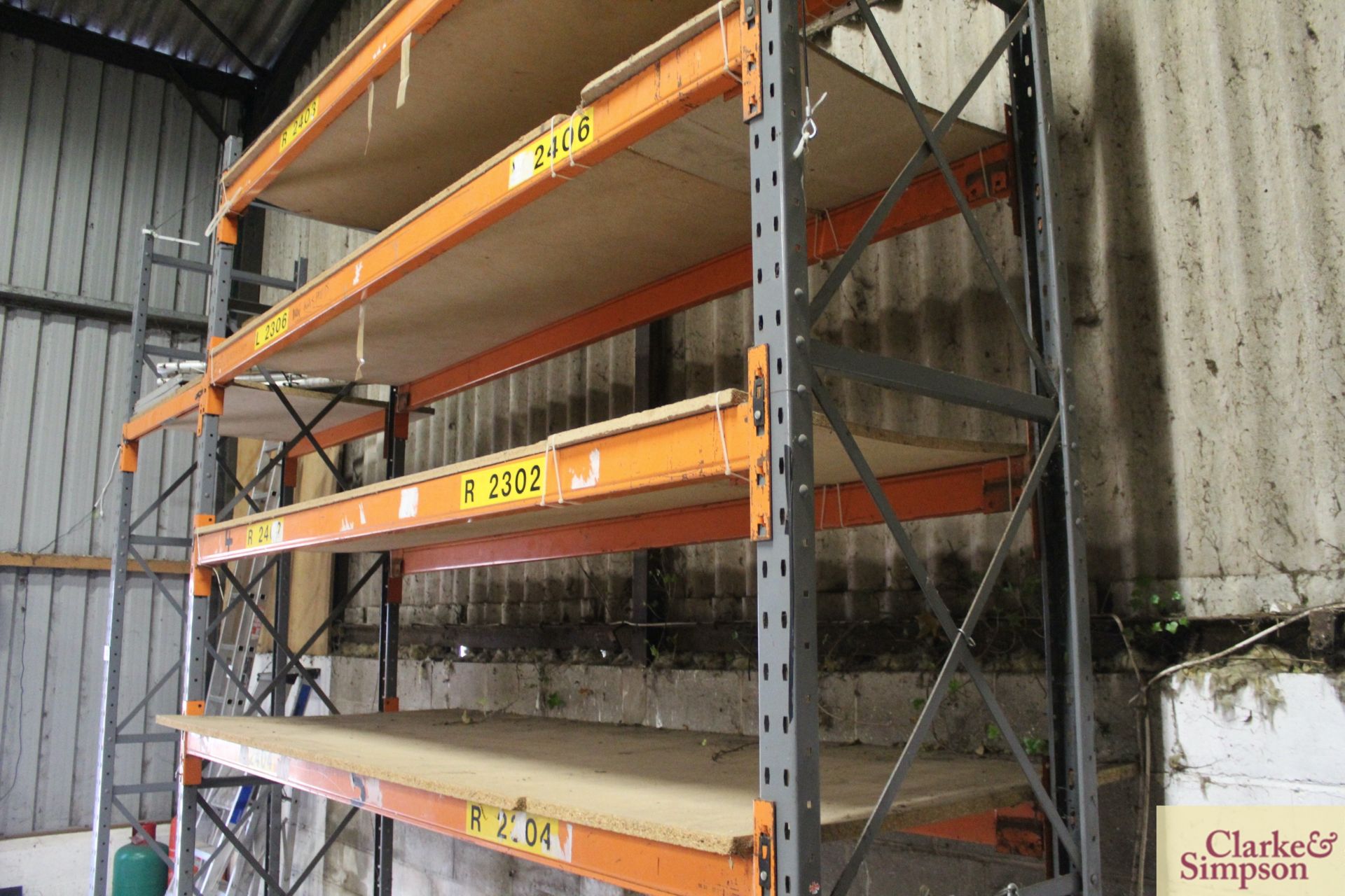 Quantity of pallet racking. Comprising 5x uprights, 9x 3.2m shelves (some with chipboard). To be - Image 6 of 10