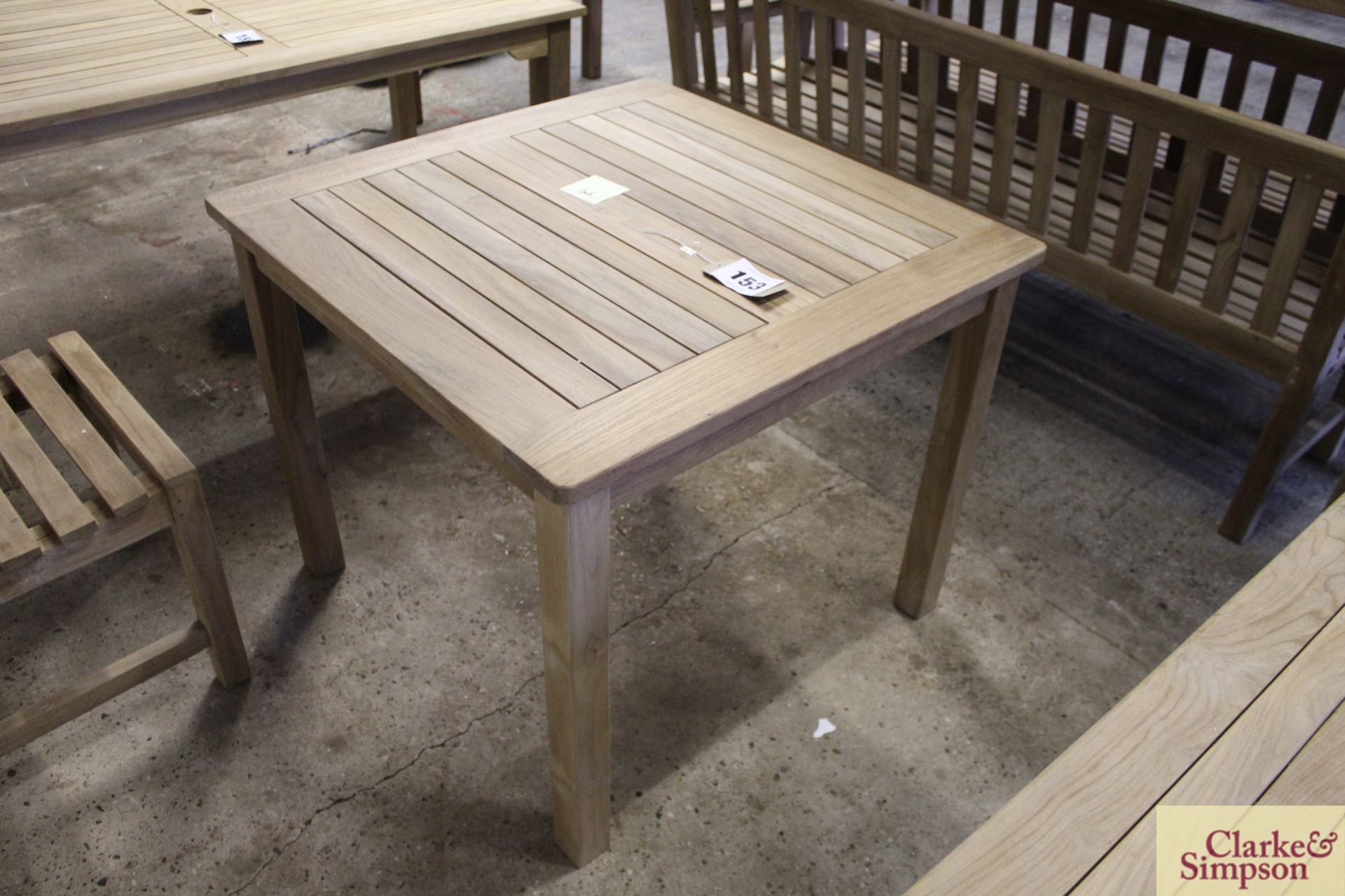 Assembled Teak 90cm x 90cm table.