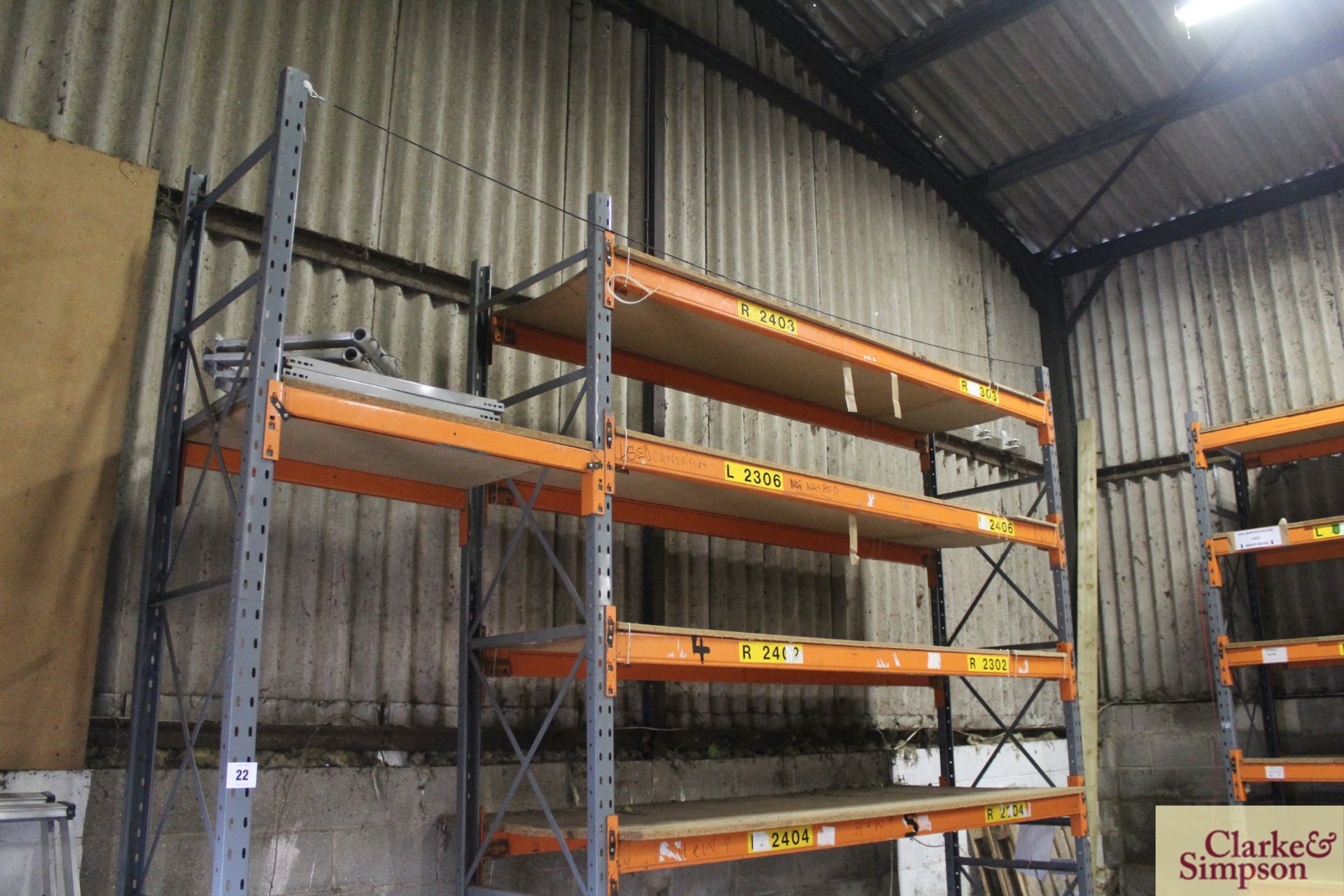 Quantity of pallet racking. Comprising 5x uprights, 9x 3.2m shelves (some with chipboard). To be - Image 2 of 10