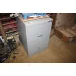 A grey two drawer metal filing cabinet