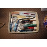 A collection of various fountain pens, biros etc.
