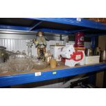 A quantity of various glassware, two oriental porcelain figures; various chocolate and biscuit tins