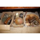 Three boxes of antique copper and brassware items