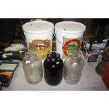 Two fermentation bins; and three demi-johns