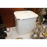 A white enamel bread bin