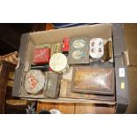 A box of various vintage tins etc.