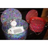 A ladies brightly coloured hat box and contents of four photograph frames; a Laura Ashley alarm cloc