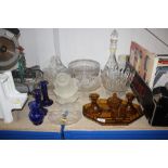 An amber glass dressing table set ; various glass