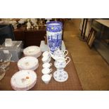 A blue and white china umbrella spill; and various