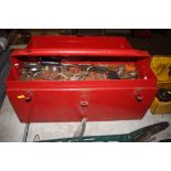 A metal snap on tool box and contents