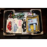 A box of various tin plate and other toys, includi