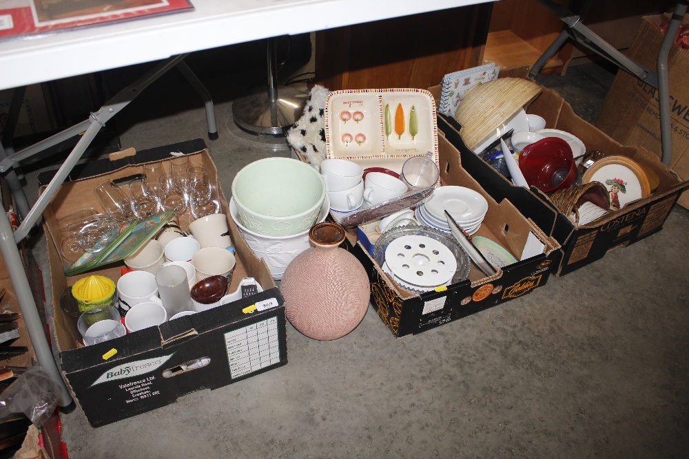 Three boxes of various decorative china, jardinièr