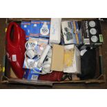 A box of various electrical items, light bulbs etc