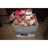 A large box of assorted Christmas toys and decorat