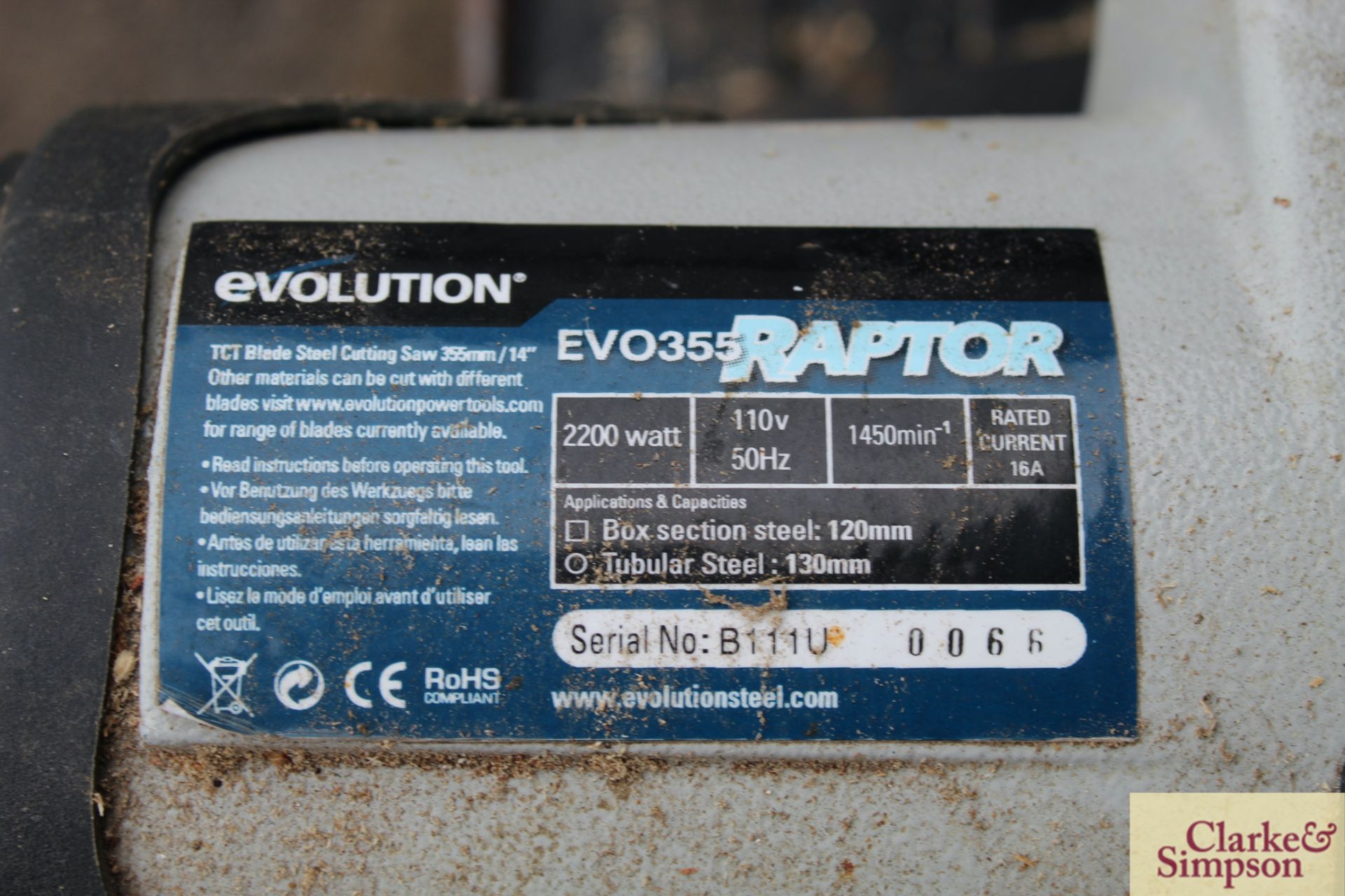 Evolution EVO 0355 Raptor 110V chop saw with wood disc. - Image 3 of 3