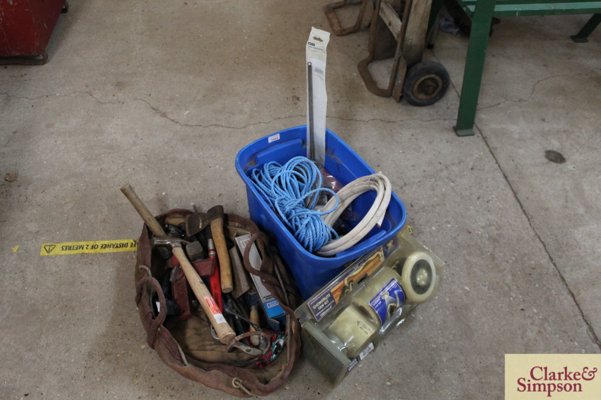 Box of rope, wire, extractor kit etc together with a builder's toolbag containing a quantity of hand