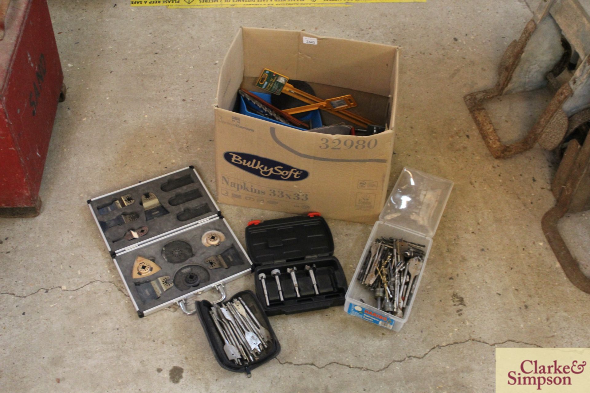 Box containing various spanners, drill bits, hand tools etc.